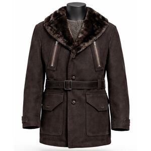 Vtg Austrian Loden Trachten Coat Roos Atkins Faux Fur Collar Mens 38 42 Brown